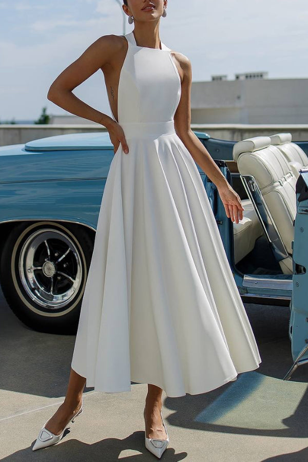 Solid Color Halter Neck Bow Tie Elegant Waist-cinching Midi Dress-consonak