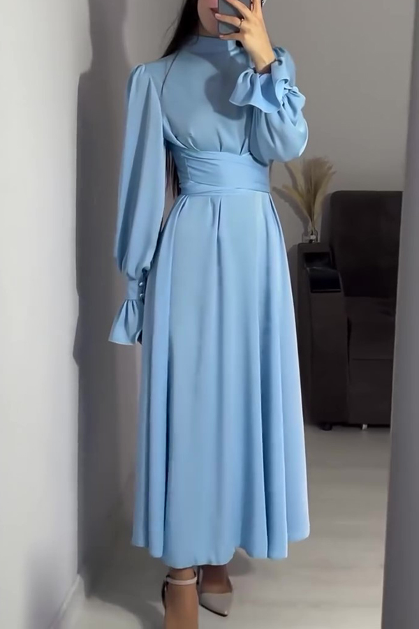 Solid Color Ruffled Sleeves Waisted Tie Slim Fit Maxi Dress-consonak