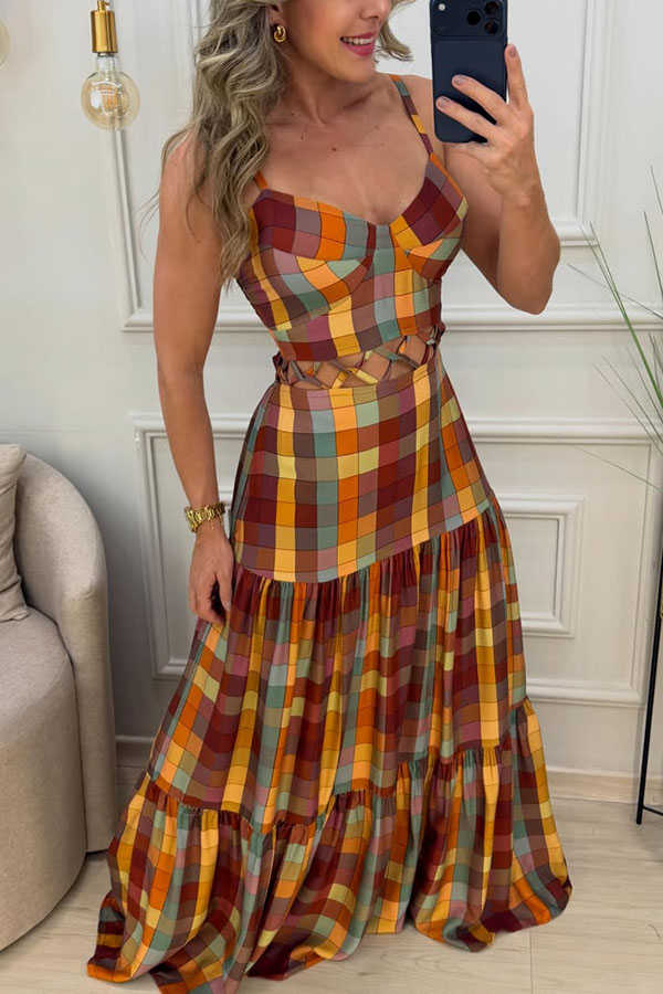 Modern Colorful Plaid Print Openwork Weave Detail Waist Back Smocked Maxi Dress