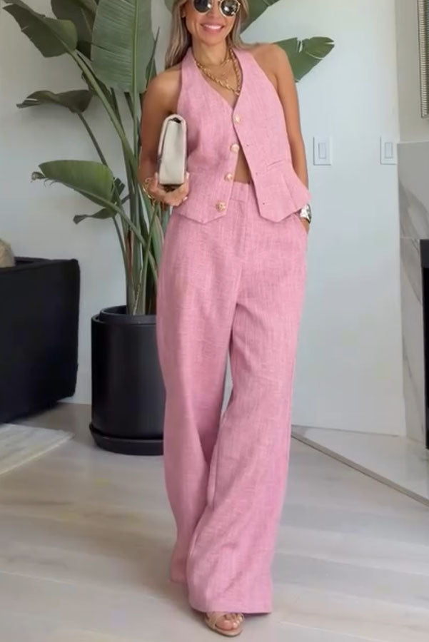 City Outfit Linen Blend Metal Button Halter Vest and Pocket Wide Leg Pants Set | Consonak