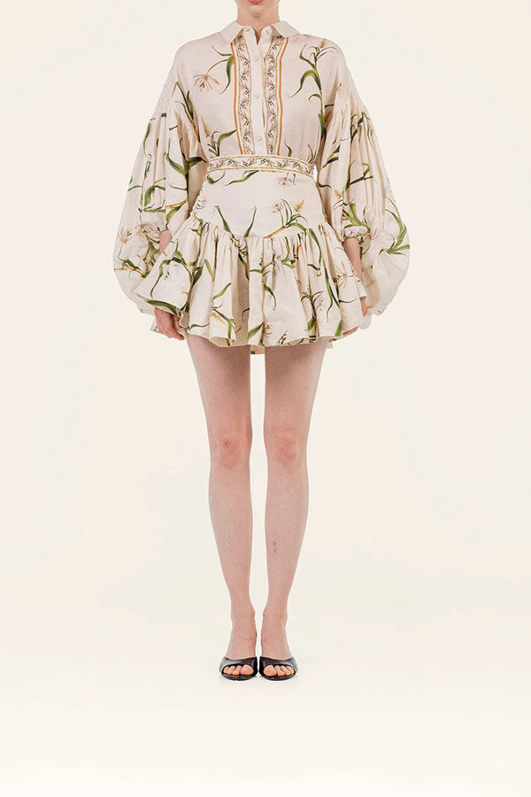 Botanical Print Puff-Sleeve Blouse & Ruffled Skirt Set-Consonak