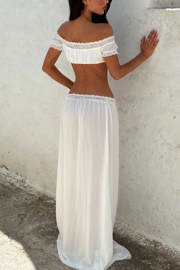 Sexy Off-shoulder Short-sleeved Tie-front Top and Casual Sheer Lace-trimmed Maxi Skirt Cover-up Set-consonak