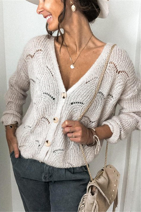 Fashionable V-neck Long-sleeved Knitted Sweater Cardigan-consonak