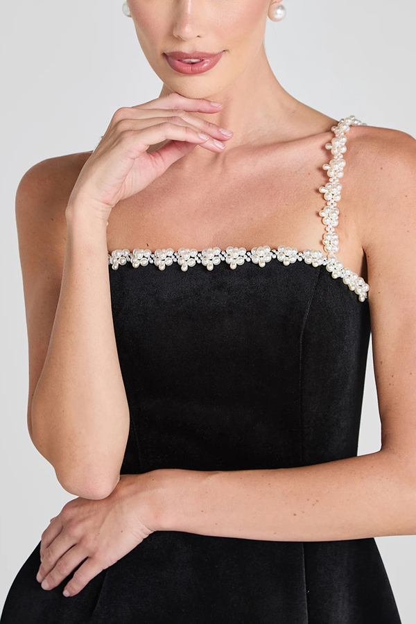 Sweet Poetry Velvet Pearl Trim Straps Pocketed Tulip Style Mini Dress | Consonak