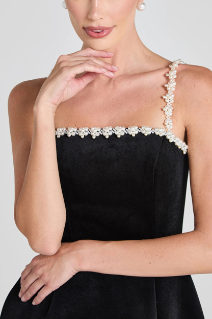 Sweet Poetry Velvet Pearl Trim Straps Pocketed Tulip Style Mini Dress-consonak