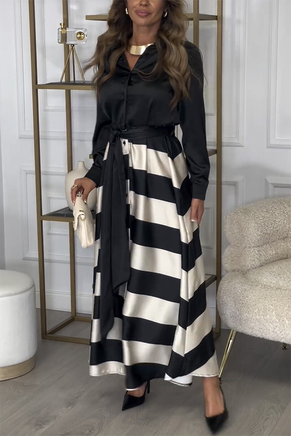 Lindsey Satin Colorblock Contrast Long Sleeve Belted Shirt Maxi Dress | Consonak