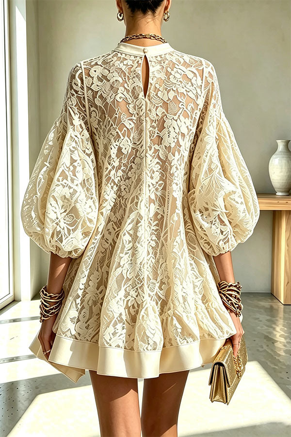 Norah Floral Lace Crew Neck Balloon Sleeve A-line Loose Mini Dress-Consonak