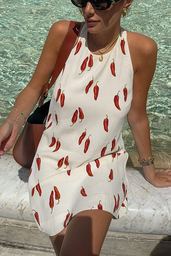 Spicy Summer Chili Pepper Unique Print Soft Fabric Halter Loose Mini Dress-consonak