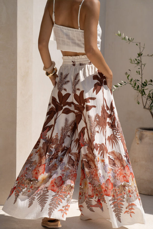 Leaf Print Casual Elastic Waist Pocket Loose Wide-leg Pants-consonak