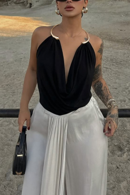 Fashionable Metal Ring Halter Neck Backless Draped Sleeveless Top
