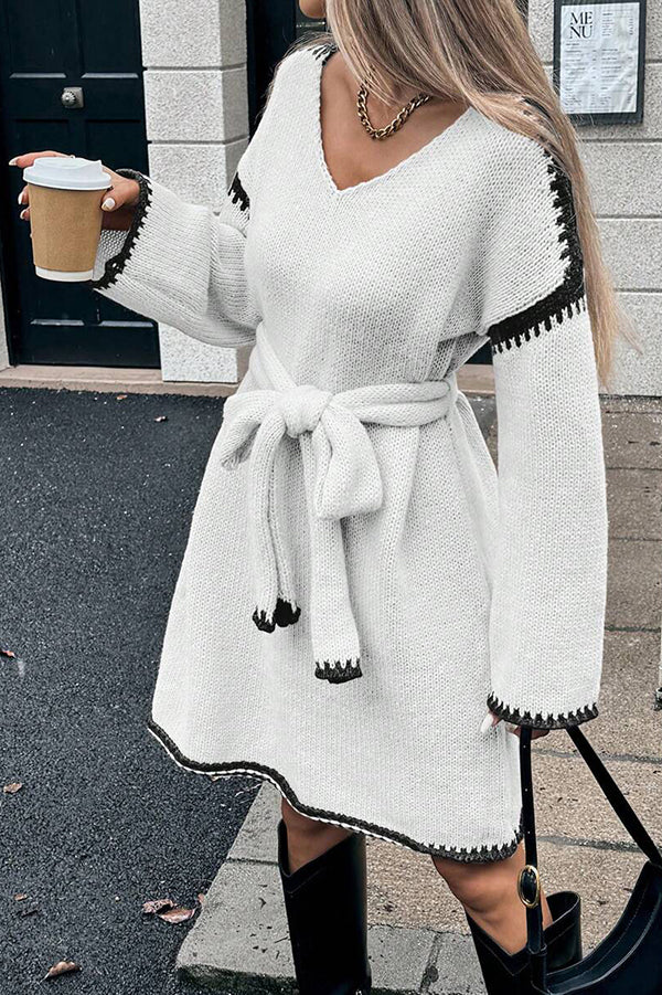 Stylish Loose-fitting Long-sleeved Tie-waist Knit Mini Dress-consonak