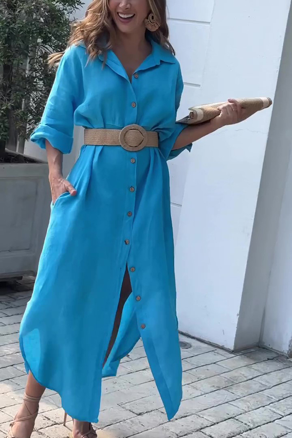 Linen Blend Solid Color Long Sleeve Buttoned Loose Pockets Maxi Dress-consonak