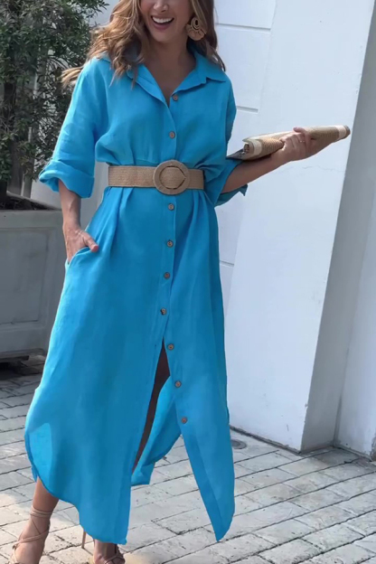 Linen Blend Solid Color Long Sleeve Buttoned Loose Pockets Maxi Dress-consonak