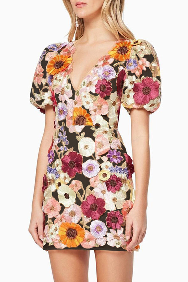 Garden Gala Embroidered Floral Applique Puff Sleeve Mini Dress-consonak