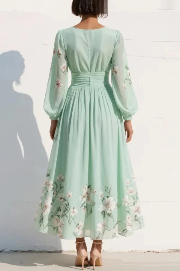 Floral Print V-neck Long-sleeved Fitted Waist Casual Maxi Dress