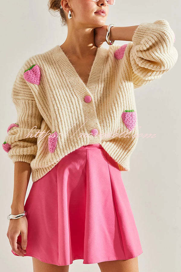 Stylish and Sweet V-neck Strawberry Embellished Knitted Cardigan-consonak