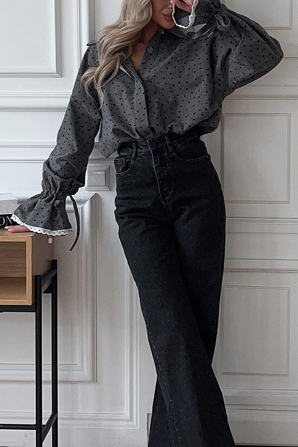 Fashionable Love Polka Dot Lapel Lace Cuffs Casual Shirt-consonak