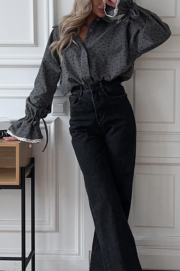 Fashionable Love Polka Dot Lapel Lace Cuffs Casual Shirt-consonak