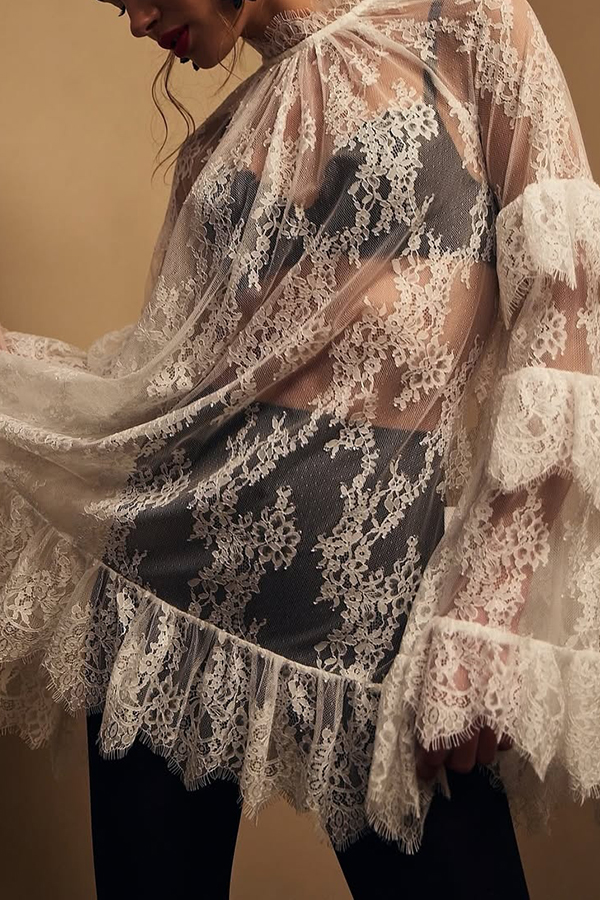 Sexy See-through Lace Loose Long-sleeved Mini Dress-consonak