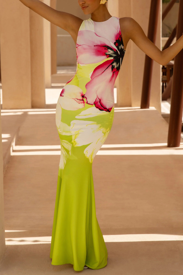 Floral Print Sleeveless Slim-fit Elegant Fishtail Maxi Dress