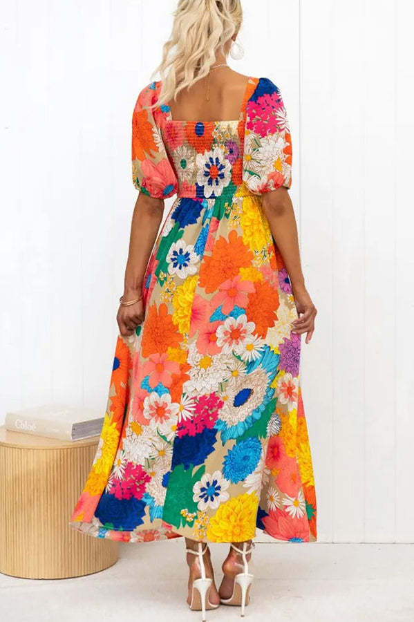 Floral Frenzy Printed Puff Sleeve Back Smocked Maxi Dress-consonak