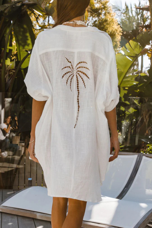 Solid Color Loose Long-sleeved Hollowed-out Long Cover-up Shirt-consonak