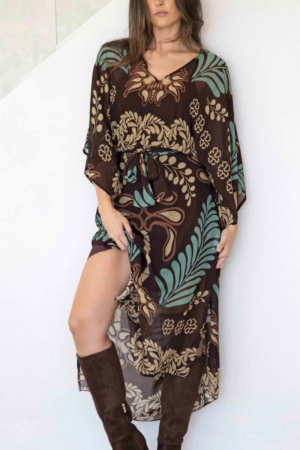 Bohemian Style Unique Printed Chiffon Loose-fitting Belted Maxi Dress