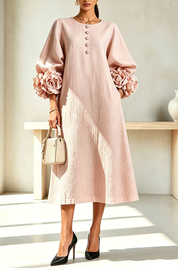 Rima Linen Blend Flowers Button Down Floral Cuffs Half Sleeve Pocket Midi Dress-Consonak