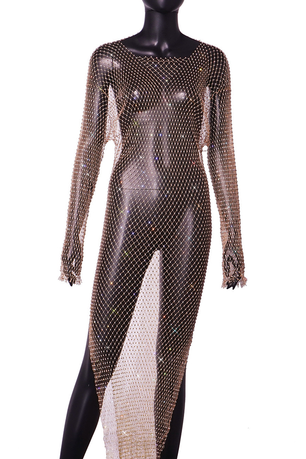 Best Layering Items Mesh Wide Neck Long Sleeve Slit Cover-up Maxi Dress-consonak