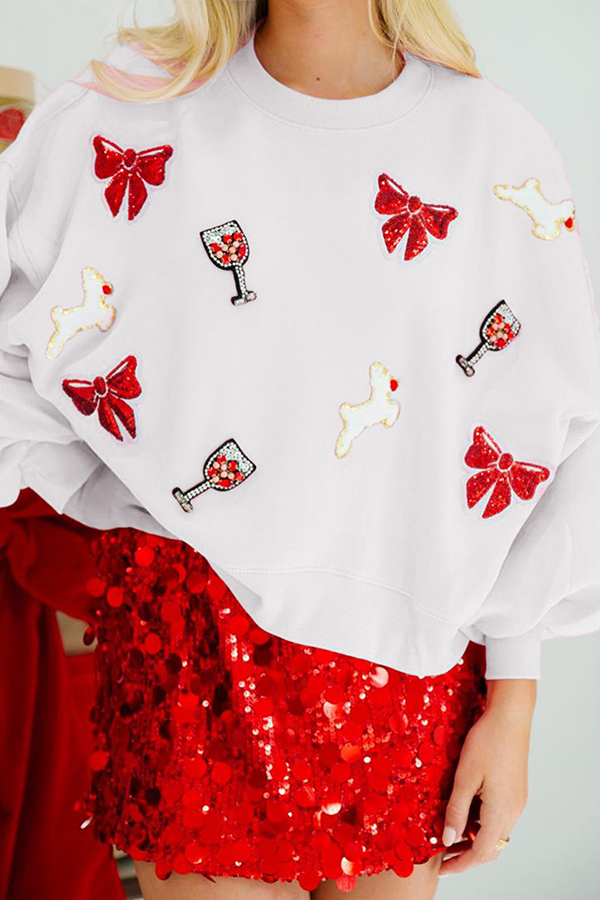 Christmas Bow Wine Glass Sequin Loose Long Sleeve Sweatshirt-consonak