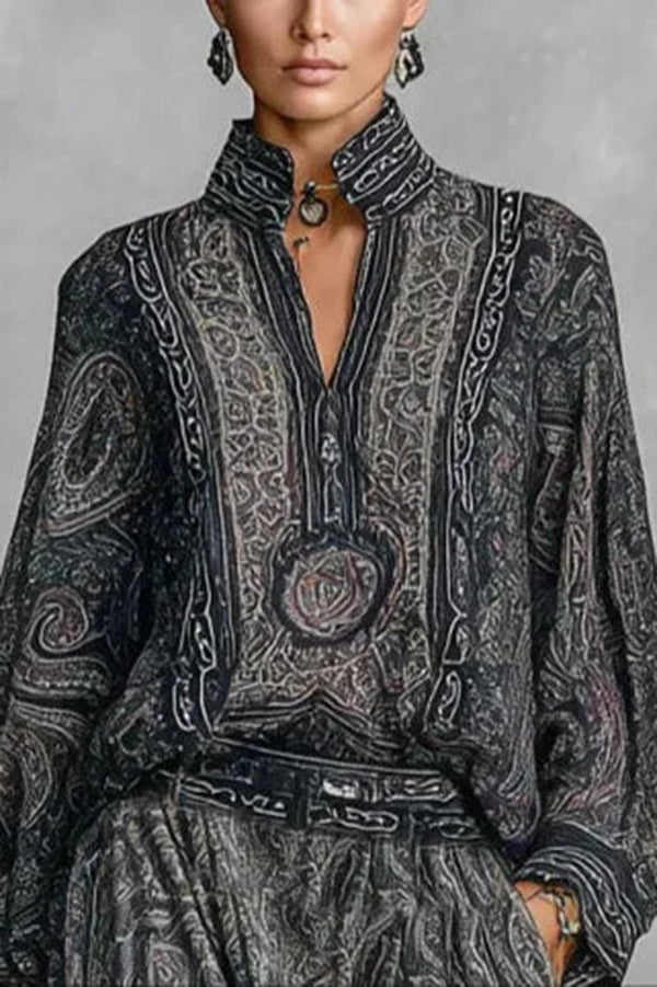 Unique Printed V-neck Long-sleeved Loose Top and Casual Pocket Wide-leg Pants Set-consonak