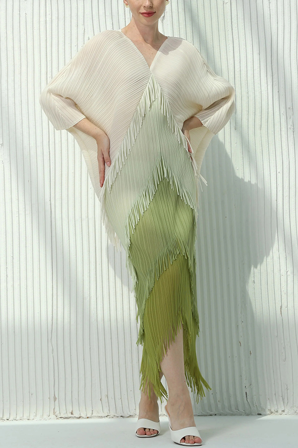 Fashionable Color-blocked Multi-layered Tassel Loose Midi Dress-consonak