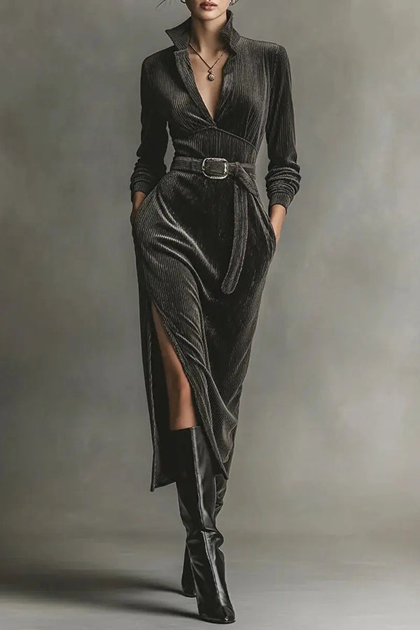 Solid Color Long-sleeved High-waisted Belted Casual Pocket Midi Dress-consonak