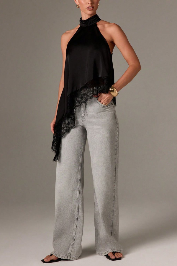 Solid Color Satin Sleeveless Lace Hem Loose Top