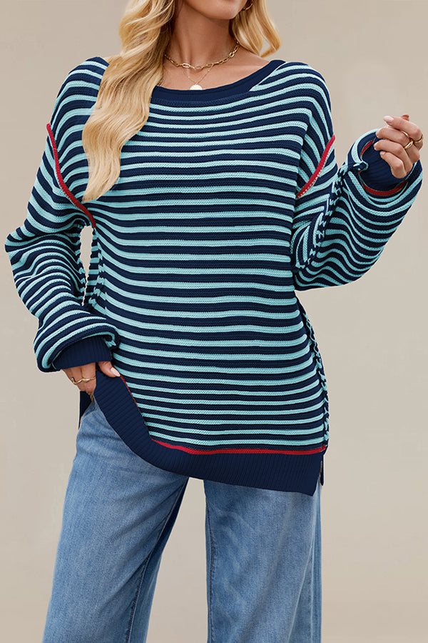 Striped Knit Loose-fitting Crew Neck Long-sleeved Casual Sweater-consonak