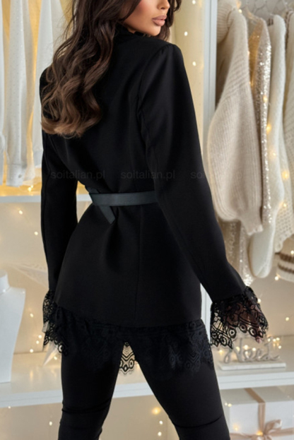 Spiced Muse Lace Trim Button Up Long Sleeve Lapel Blazer-consonak