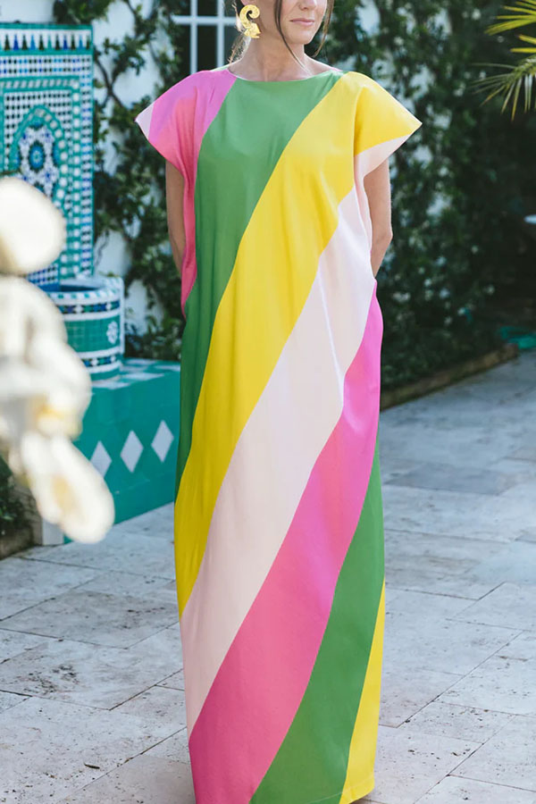 Vintage Summer Chic Satin Bold Striped Short Sleeve Loose Maxi Dress-consonak