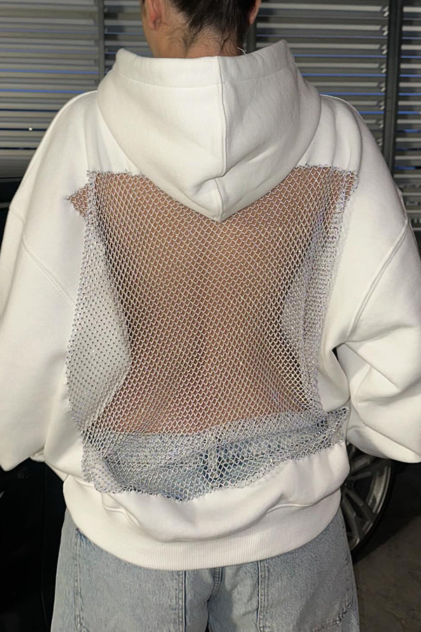 Fashionable Shiny Mesh Hollow Back Loose Long-sleeved Hooded Sweatshirt-consonak