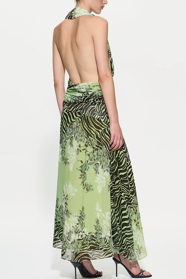 Lyra Floral and Animal Prints Ruched Waist Halter Backless Tank and High Rise Maxi Skirt Set