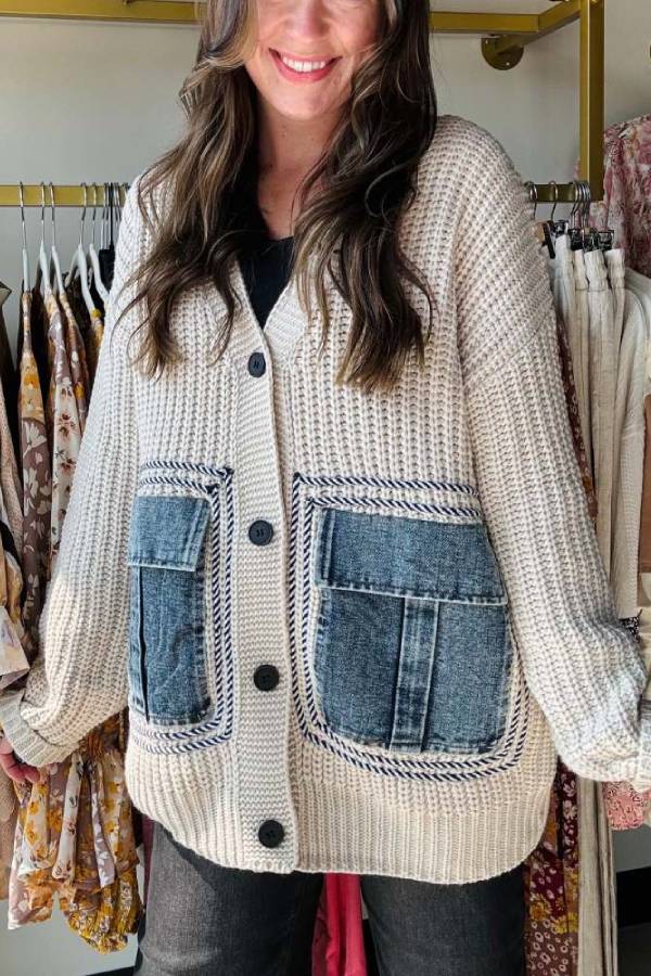 Fashionable Loose Spliced ​​denim Pocket Knitted Sweater Cardigan-consonak