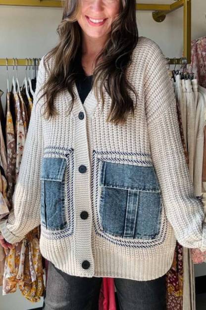 Fashionable Loose Spliced ​​denim Pocket Knitted Sweater Cardigan-consonak