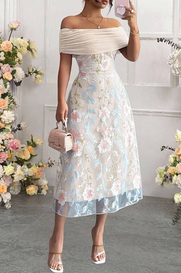 Elegant Ruched Off-Shoulder Floral Appliqué Midi Dress-Consonak