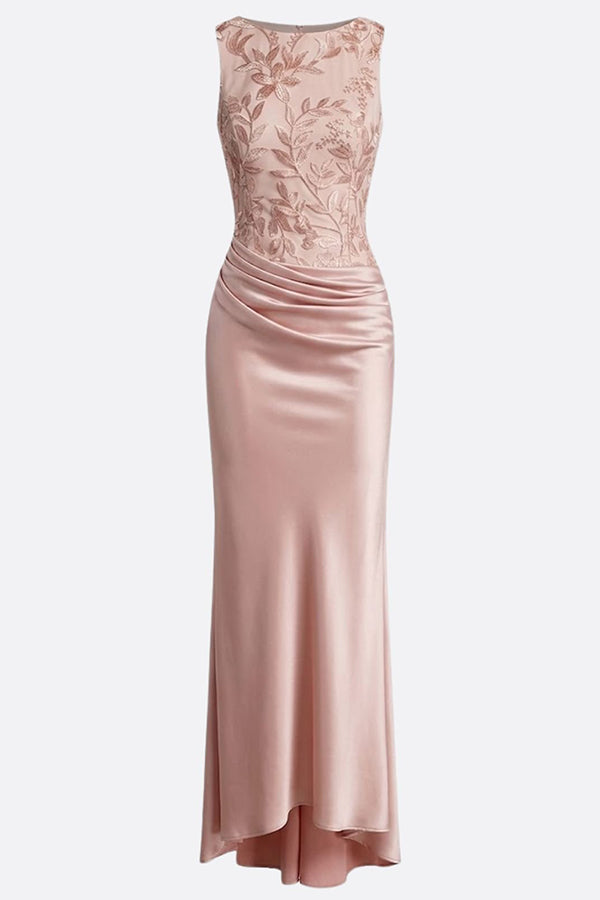 Vera Mesh Embroidery Satin Ruched Crew Neck Sleeveless Gown Maxi Dress-consonak