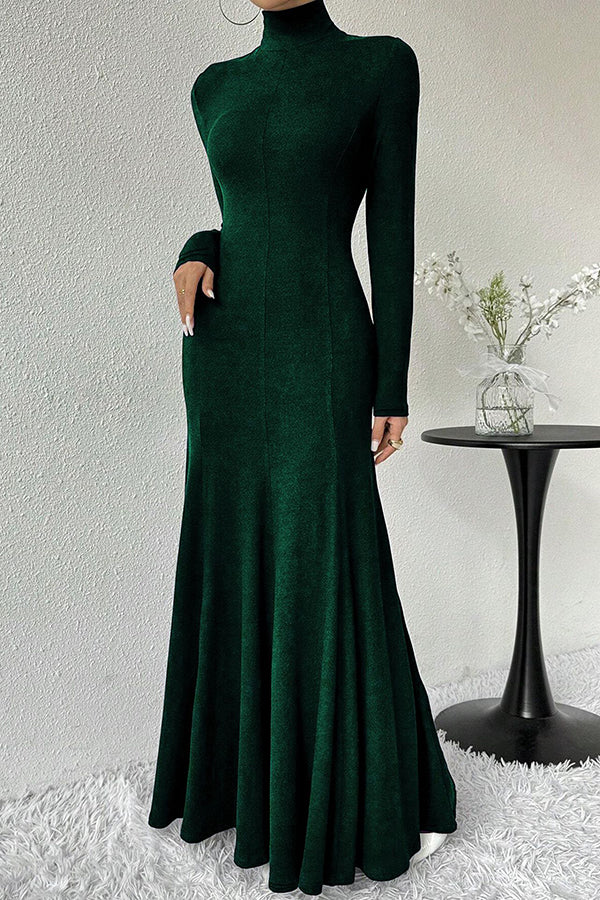 Solid Color High-neck Long-sleeved Slim-fit Fishtail Elegant Maxi Dress-consonak