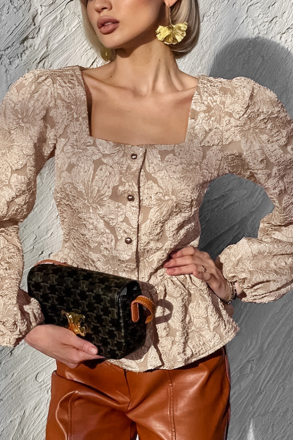 Solid Color Jacquard Square Neck Puff Sleeve Elegant Button Top