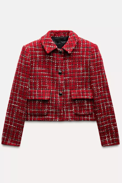 Tweed Plaid Textured Long-sleeved Casual Pocket Jacket-consonak