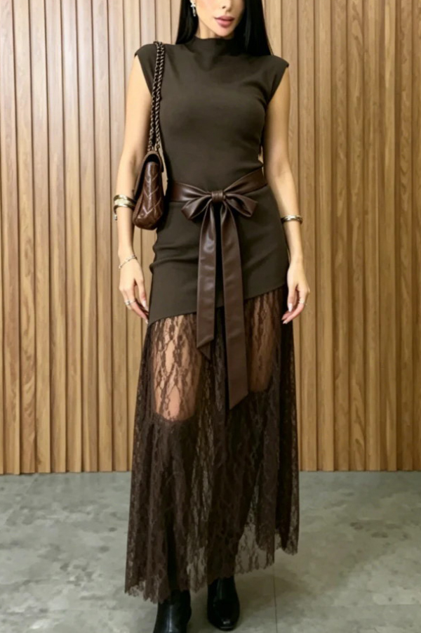 Stylish Sleeveless Spliced ​​lace Hem Elegant Slim-fit Maxi Dress