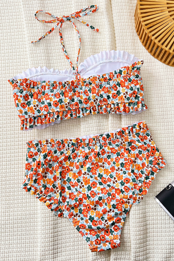 Floral Print Ruffled High-waisted Two-piece Stretch Bikini Swimsuit-consonak