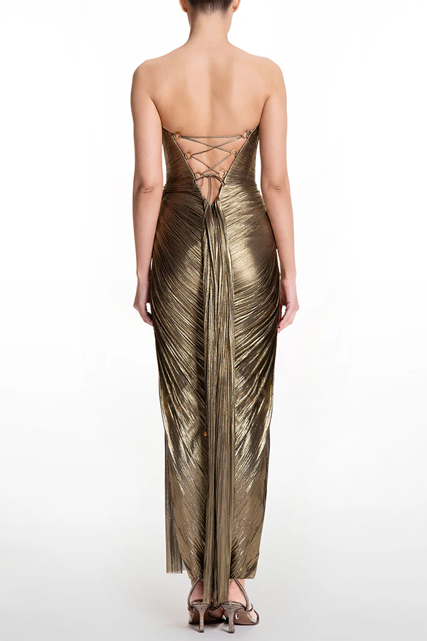 Amisha Metallic Pleated Shell Cups Hollow Gold Pendant Strapless Drape Slit Maxi Dress | Consonak