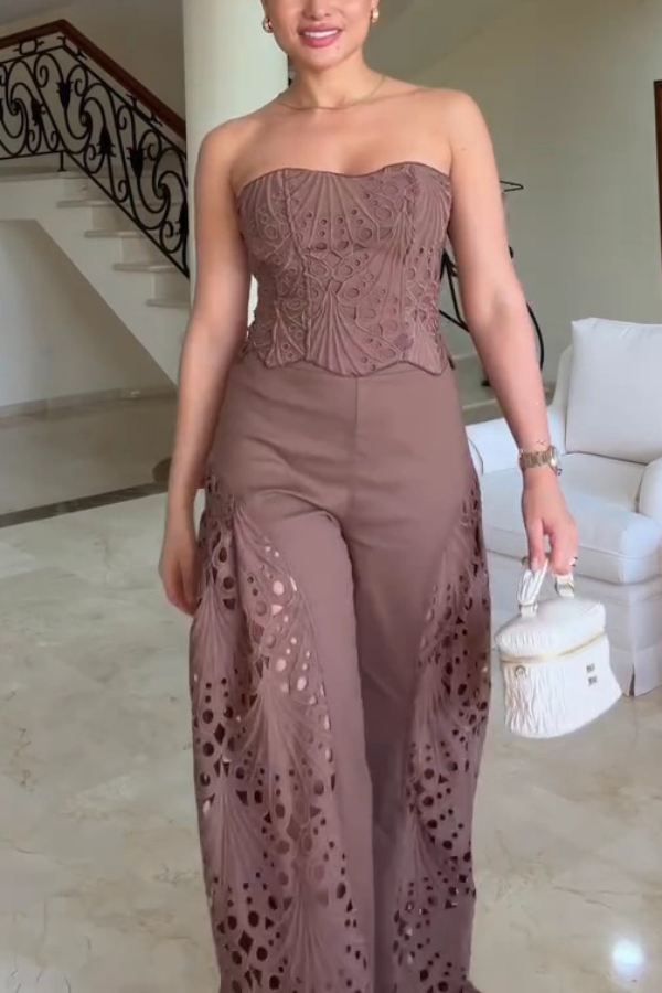 Lily Embroidered Cutout Lace Back Lace-up Tank and High Rise Wide Leg Pants Set
